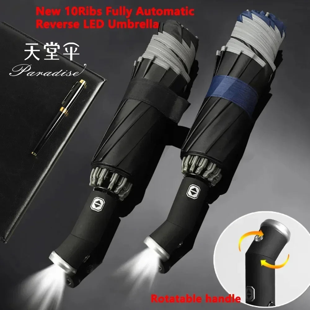 Fully Automatic Reverse Folding Umbrella with LED Flashlight 10Ribs Windproof Reflective Stripe UV Umbrellas for Sun or Rain Day