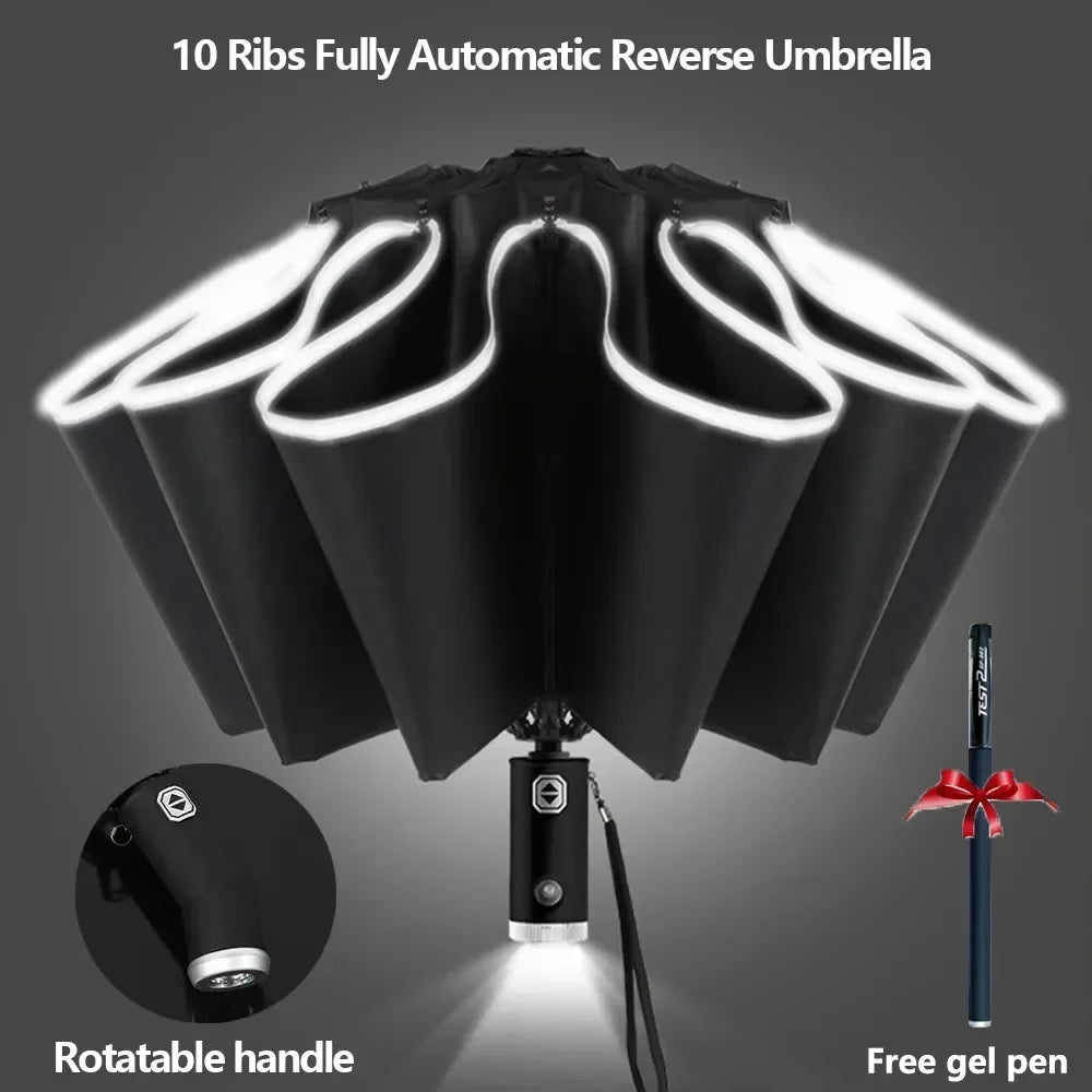 Fully Automatic Reverse Folding Umbrella with LED Flashlight 10Ribs Windproof Reflective Stripe UV Umbrellas for Sun or Rain Day