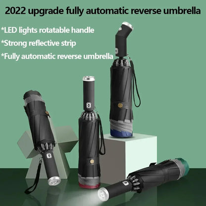 Fully Automatic Reverse Folding Umbrella with LED Flashlight 10Ribs Windproof Reflective Stripe UV Umbrellas for Sun or Rain Day